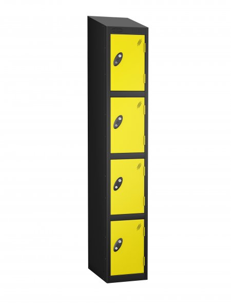 Single Metal Storage Locker | 4 Doors | 1780 x 305 x 305mm | Black Carcass | Lemon Door | Cam Lock | Sloping Top | Probe