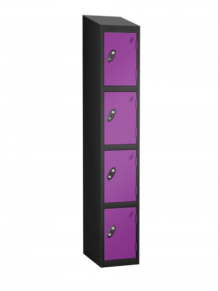 Single Metal Storage Locker | 4 Doors | 1780 x 305 x 305mm | Black Carcass | Lilac Door | Cam Lock | Sloping Top | Probe