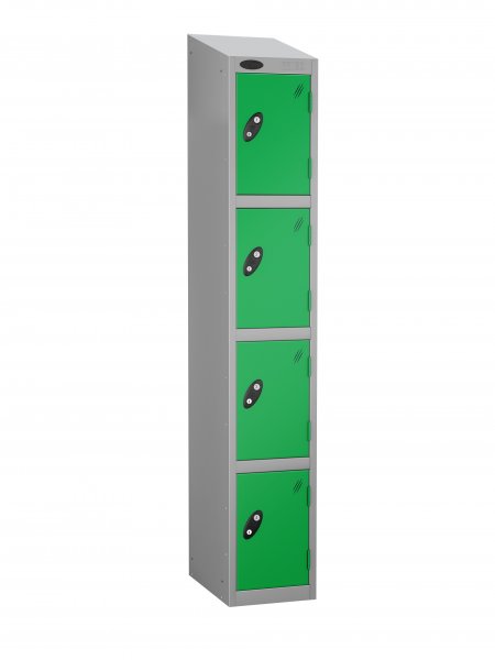 Single Metal Storage Locker | 4 Doors | 1780 x 305 x 305mm | Silver Carcass | Green Door | Cam Lock | Sloping Top | Probe