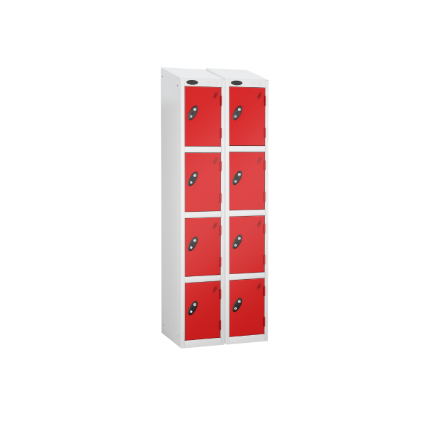 Nest of 2 Metal Storage Lockers | 4 Doors | 1780 x 305 x 305mm | White Carcass | Red Door | Cam Lock | Sloping Top | Probe