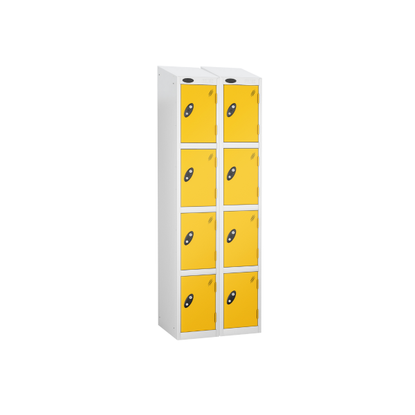 Nest of 2 Metal Storage Lockers | 4 Doors | 1780 x 305 x 305mm | White Carcass | Yellow Door | Cam Lock | Sloping Top | Probe