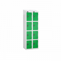 Nest of 2 Metal Storage Lockers | 4 Doors | 1780 x 305 x 305mm | White Carcass | Green Door | Cam Lock | Sloping Top | Probe