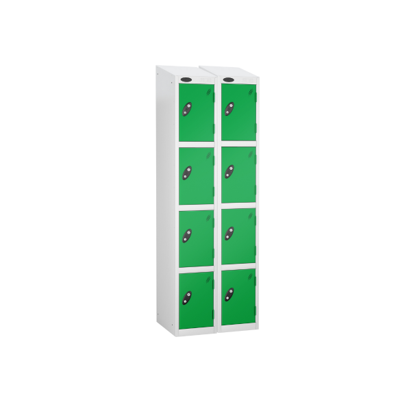 Nest of 2 Metal Storage Lockers | 4 Doors | 1780 x 305 x 305mm | White Carcass | Green Door | Cam Lock | Sloping Top | Probe