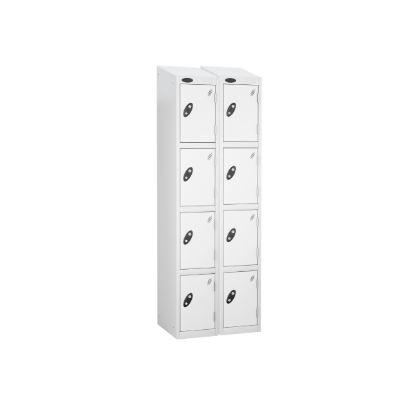 Nest of 2 Metal Storage Lockers | 4 Doors | 1780 x 305 x 305mm | White Carcass | White Door | Cam Lock | Sloping Top | Probe