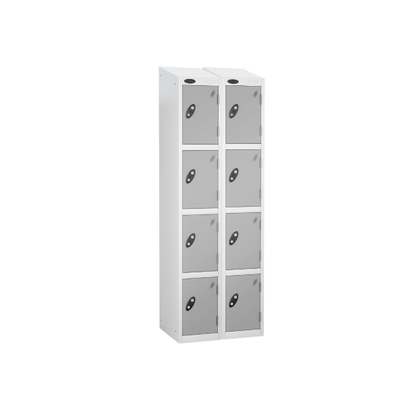 Nest of 2 Metal Storage Lockers | 4 Doors | 1780 x 305 x 305mm | White Carcass | Silver Door | Cam Lock | Sloping Top | Probe