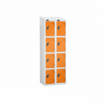 Nest of 2 Metal Storage Lockers | 4 Doors | 1780 x 305 x 305mm | White Carcass | Orange Door | Cam Lock | Sloping Top | Probe