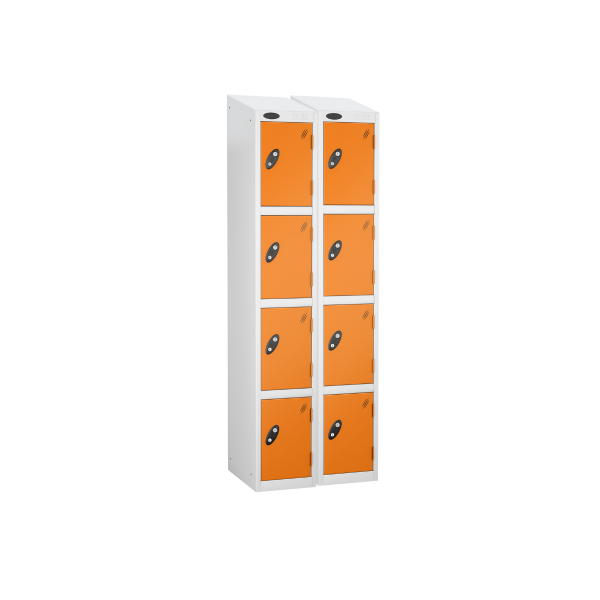 Nest of 2 Metal Storage Lockers | 4 Doors | 1780 x 305 x 305mm | White Carcass | Orange Door | Cam Lock | Sloping Top | Probe