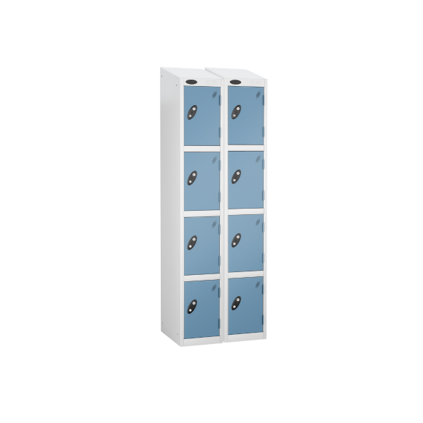 Nest of 2 Metal Storage Lockers | 4 Doors | 1780 x 305 x 305mm | White Carcass | Ocean Door | Cam Lock | Sloping Top | Probe