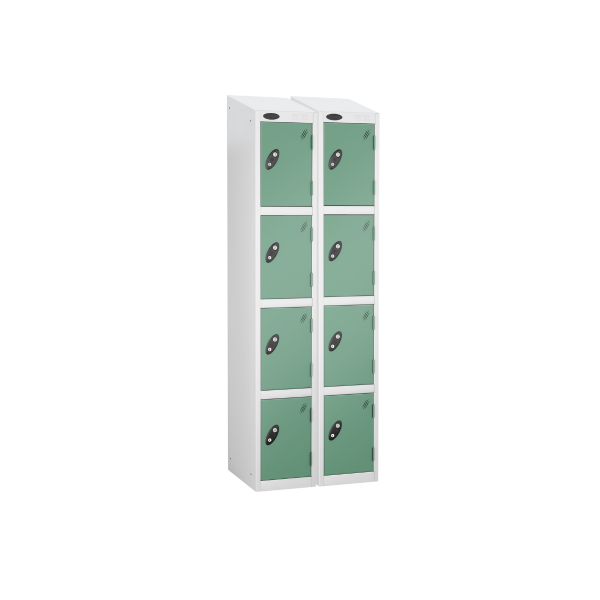 Nest of 2 Metal Storage Lockers | 4 Doors | 1780 x 305 x 305mm | White Carcass | Jade Door | Cam Lock | Sloping Top | Probe