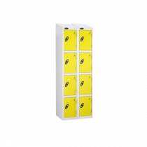 Nest of 2 Metal Storage Lockers | 4 Doors | 1780 x 305 x 305mm | White Carcass | Lemon Door | Cam Lock | Sloping Top | Probe