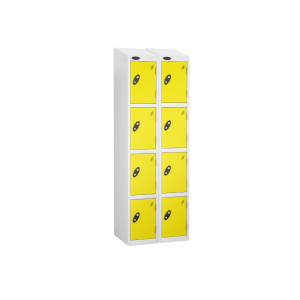 Nest of 2 Metal Storage Lockers | 4 Doors | 1780 x 305 x 305mm | White Carcass | Lemon Door | Cam Lock | Sloping Top | Probe