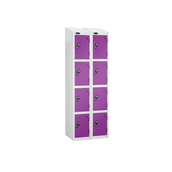 Nest of 2 Metal Storage Lockers | 4 Doors | 1780 x 305 x 305mm | White Carcass | Lilac Door | Cam Lock | Sloping Top | Probe