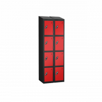 Nest of 2 Metal Storage Lockers | 4 Doors | 1780 x 305 x 305mm | Black Carcass | Red Door | Cam Lock | Sloping Top | Probe