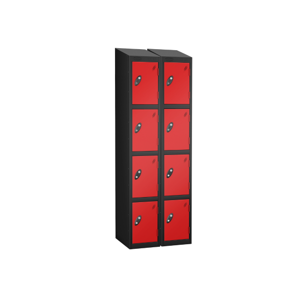 Nest of 2 Metal Storage Lockers | 4 Doors | 1780 x 305 x 305mm | Black Carcass | Red Door | Cam Lock | Sloping Top | Probe