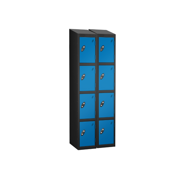 Nest of 2 Metal Storage Lockers | 4 Doors | 1780 x 305 x 305mm | Black Carcass | Blue Door | Cam Lock | Sloping Top | Probe