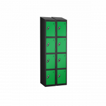 Nest of 2 Metal Storage Lockers | 4 Doors | 1780 x 305 x 305mm | Black Carcass | Green Door | Cam Lock | Sloping Top | Probe