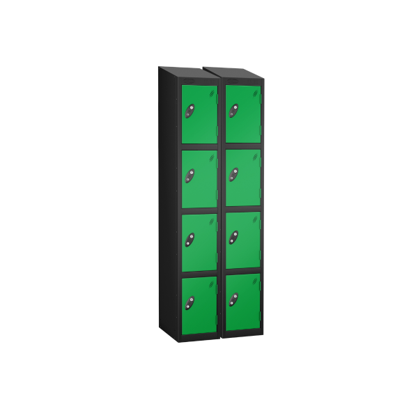 Nest of 2 Metal Storage Lockers | 4 Doors | 1780 x 305 x 305mm | Black Carcass | Green Door | Cam Lock | Sloping Top | Probe