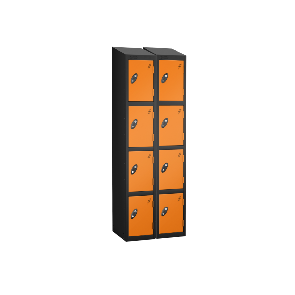 Nest of 2 Metal Storage Lockers | 4 Doors | 1780 x 305 x 305mm | Black Carcass | Orange Door | Cam Lock | Sloping Top | Probe