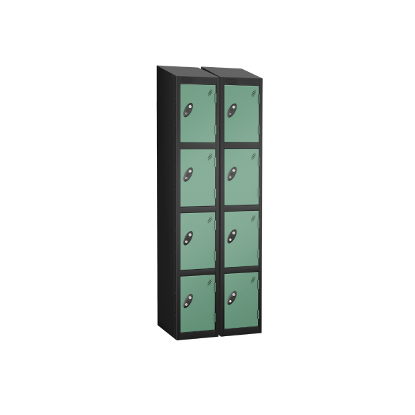 Nest of 2 Metal Storage Lockers | 4 Doors | 1780 x 305 x 305mm | Black Carcass | Jade Door | Cam Lock | Sloping Top | Probe