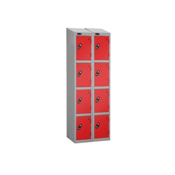 Nest of 2 Metal Storage Lockers | 4 Doors | 1780 x 305 x 305mm | Silver Carcass | Red Door | Cam Lock | Sloping Top | Probe