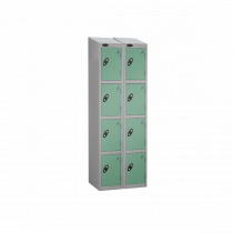 Nest of 2 Metal Storage Lockers | 4 Doors | 1780 x 305 x 305mm | Silver Carcass | Jade Door | Cam Lock | Sloping Top | Probe