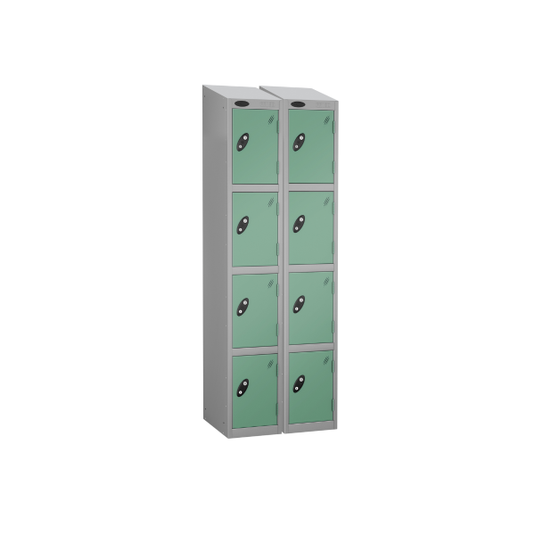 Nest of 2 Metal Storage Lockers | 4 Doors | 1780 x 305 x 305mm | Silver Carcass | Jade Door | Cam Lock | Sloping Top | Probe