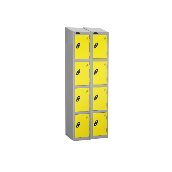 Nest of 2 Metal Storage Lockers | 4 Doors | 1780 x 305 x 305mm | Silver Carcass | Lemon Door | Cam Lock | Sloping Top | Probe