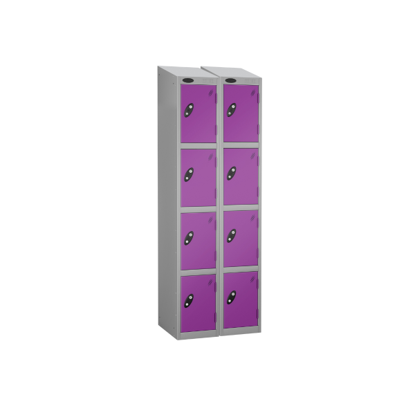 Nest of 2 Metal Storage Lockers | 4 Doors | 1780 x 305 x 305mm | Silver Carcass | Lilac Door | Cam Lock | Sloping Top | Probe