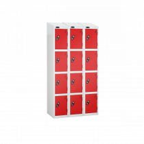 Nest of 3 Metal Storage Lockers | 4 Doors | 1780 x 305 x 305mm | White Carcass | Red Door | Cam Lock | Sloping Top | Probe