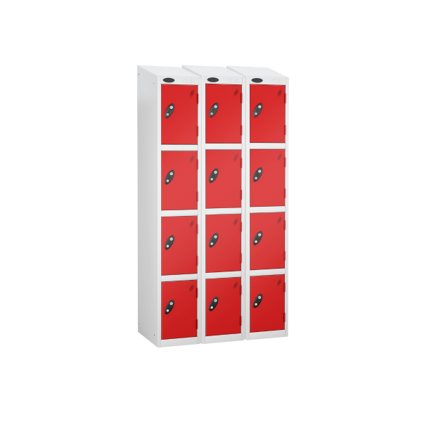 Nest of 3 Metal Storage Lockers | 4 Doors | 1780 x 305 x 305mm | White Carcass | Red Door | Cam Lock | Sloping Top | Probe