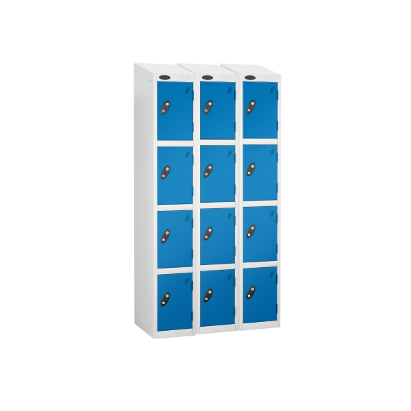 Nest of 3 Metal Storage Lockers | 4 Doors | 1780 x 305 x 305mm | White Carcass | Blue Door | Cam Lock | Sloping Top | Probe