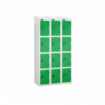 Nest of 3 Metal Storage Lockers | 4 Doors | 1780 x 305 x 305mm | White Carcass | Green Door | Cam Lock | Sloping Top | Probe