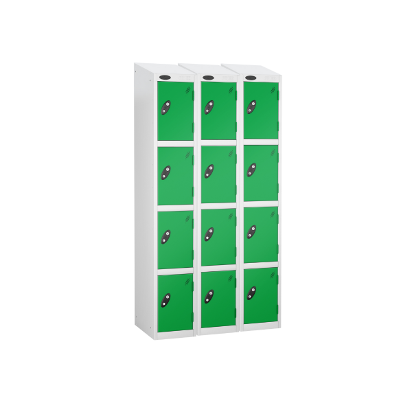 Nest of 3 Metal Storage Lockers | 4 Doors | 1780 x 305 x 305mm | White Carcass | Green Door | Cam Lock | Sloping Top | Probe