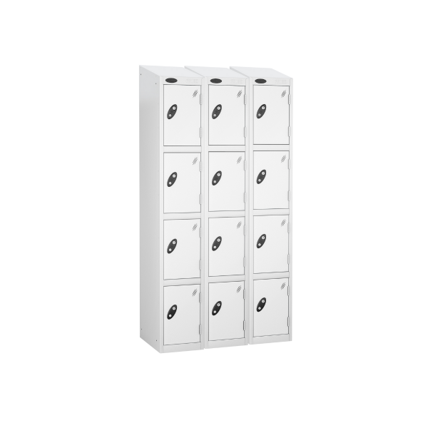 Nest of 3 Metal Storage Lockers | 4 Doors | 1780 x 305 x 305mm | White Carcass | White Door | Cam Lock | Sloping Top | Probe