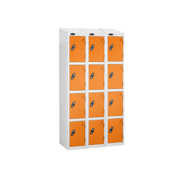 Nest of 3 Metal Storage Lockers | 4 Doors | 1780 x 305 x 305mm | White Carcass | Orange Door | Cam Lock | Sloping Top | Probe