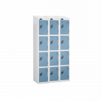 Nest of 3 Metal Storage Lockers | 4 Doors | 1780 x 305 x 305mm | White Carcass | Ocean Door | Cam Lock | Sloping Top | Probe