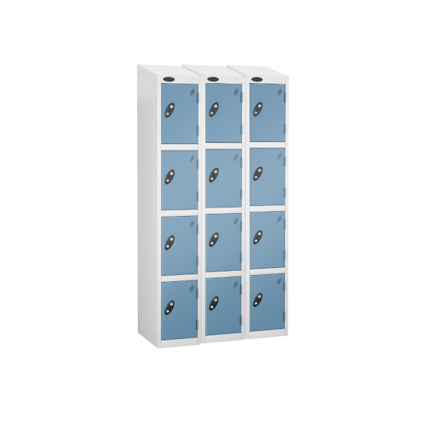 Nest of 3 Metal Storage Lockers | 4 Doors | 1780 x 305 x 305mm | White Carcass | Ocean Door | Cam Lock | Sloping Top | Probe