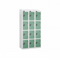 Nest of 3 Metal Storage Lockers | 4 Doors | 1780 x 305 x 305mm | White Carcass | Jade Door | Cam Lock | Sloping Top | Probe