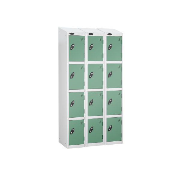 Nest of 3 Metal Storage Lockers | 4 Doors | 1780 x 305 x 305mm | White Carcass | Jade Door | Cam Lock | Sloping Top | Probe