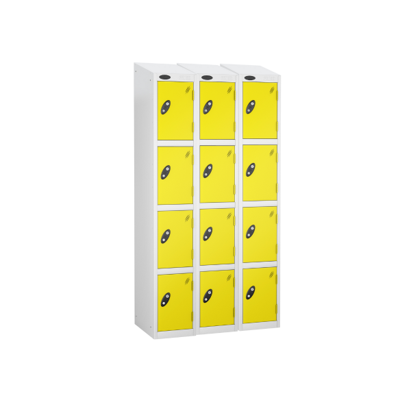 Nest of 3 Metal Storage Lockers | 4 Doors | 1780 x 305 x 305mm | White Carcass | Lemon Door | Cam Lock | Sloping Top | Probe