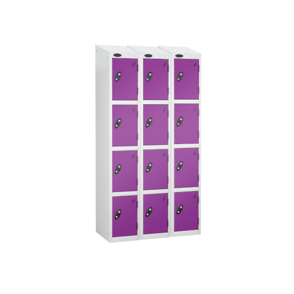 Nest of 3 Metal Storage Lockers | 4 Doors | 1780 x 305 x 305mm | White Carcass | Lilac Door | Cam Lock | Sloping Top | Probe