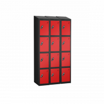 Nest of 3 Metal Storage Lockers | 4 Doors | 1780 x 305 x 305mm | Black Carcass | Red Door | Cam Lock | Sloping Top | Probe