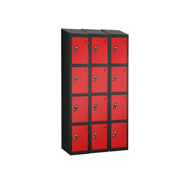 Nest of 3 Metal Storage Lockers | 4 Doors | 1780 x 305 x 305mm | Black Carcass | Red Door | Cam Lock | Sloping Top | Probe