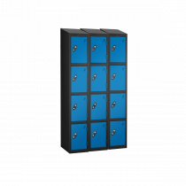 Nest of 3 Metal Storage Lockers | 4 Doors | 1780 x 305 x 305mm | Black Carcass | Blue Door | Cam Lock | Sloping Top | Probe