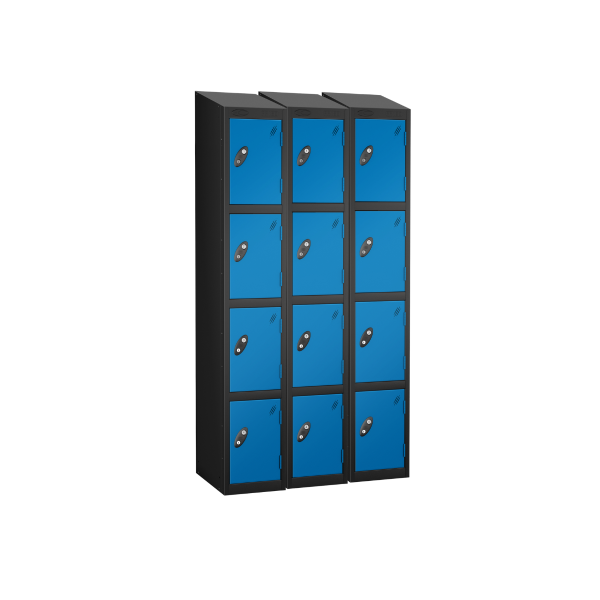 Nest of 3 Metal Storage Lockers | 4 Doors | 1780 x 305 x 305mm | Black Carcass | Blue Door | Cam Lock | Sloping Top | Probe