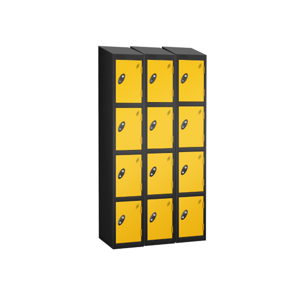 Nest of 3 Metal Storage Lockers | 4 Doors | 1780 x 305 x 305mm | Black Carcass | Yellow Door | Cam Lock | Sloping Top | Probe