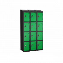 Nest of 3 Metal Storage Lockers | 4 Doors | 1780 x 305 x 305mm | Black Carcass | Green Door | Cam Lock | Sloping Top | Probe