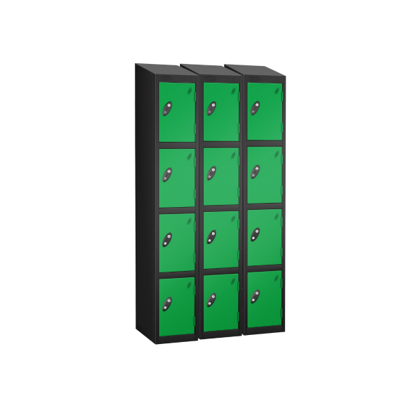 Nest of 3 Metal Storage Lockers | 4 Doors | 1780 x 305 x 305mm | Black Carcass | Green Door | Cam Lock | Sloping Top | Probe