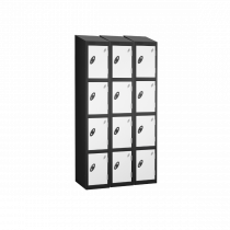 Nest of 3 Metal Storage Lockers | 4 Doors | 1780 x 305 x 305mm | Black Carcass | White Door | Cam Lock | Sloping Top | Probe