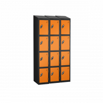 Nest of 3 Metal Storage Lockers | 4 Doors | 1780 x 305 x 305mm | Black Carcass | Orange Door | Cam Lock | Sloping Top | Probe